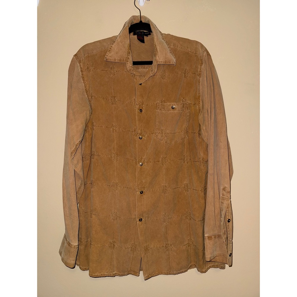 Tulliano Mens M Tan 100% Silk Embroider Grid Button Down Shirt Sueded Western